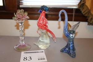 lot 83 image: Lot of (3) Pink Glass Spiral Stem Candleholder, Red Glass Cockatoo Table Dcor, Blue Glass Swan Table Dcor