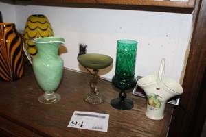 lot 94 image: Lot of (4) Glass Table Dcor - Light Green Pitcher, Dark Green Pedestal Bowl, Green Stem Vase, White Basket with Pear Dcor
