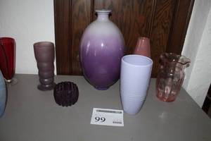 lot 99 image: Lot of (6) Purple Bulb Table Vase, Purple Cup Vase, Clear Pink Table vase, Purple Glass, Purple Candy Bowl, Muave Table Vase