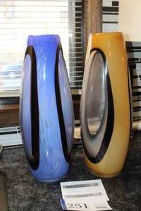 lot 251 image: Lot of (2) Blue and Clear Glass Table Vase, Yellow and Clear Glass Table Vase