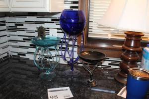 lot 98 image: Lot of (3) Glass Stem Bowls - Light Blue, Dark Blue, Brown