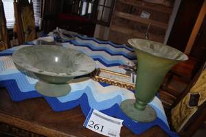 lot 261 image: Lot of (2) Green GlassCeramic Table Dcor - Serving Bowl, Table Vase