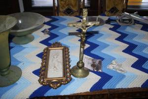 lot 268 image: Lot of (2) Crucifix Table Statue, Ornate Gold Frame Angel Wall Plaque, Angel with Water Can Figurine