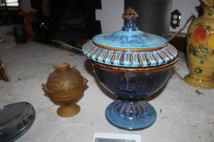lot 255 image: Lot of (2) Blue Ceramic Cookie Jar with Lid, Brown Glass Candy Jar with Lid