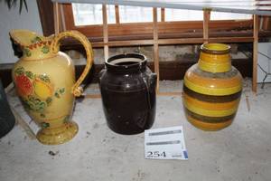 lot 254 image: Lot of (3) Fruit Dcor Ceramic Pitcher, Brown Ceramic Table Vase, BrownYellowOrange Ceramic Table Vase