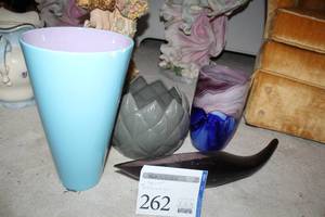 lot 262 image: Lot of (4) Blue Cone Table Vase, Grey Scalloped Edge Ceramic Table Bowl, BluePurple Swirl Ceramic Table Vase, Serving Ladle Table Dcor