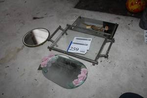 lot 259 image: Lot of (5) 2-Handle Glass Top Serving Tray, Metal Frame Round Table Mirror, 3D Ceramic Rose Dcor Mirror Tray, Crucifix Wall Decor, Decanter Topper with Cork Stopper