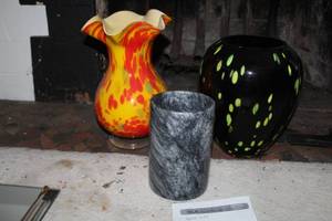 lot 258 image: Lot of (3) RedYellow Scalloped Edge Ceramic Table Vase, BlackYellow Spotted Ceramic Table Vase, Grey Switl Table Dcor