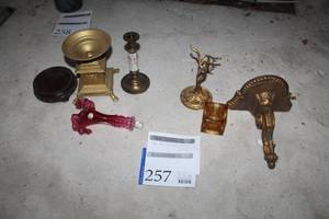 lot 257 image: Lot of (7) Serving Bowls, Candleholder, Red Glass Scalloped Edge Dcor, Small Table Statue, Brown Glass Square Candleholder, Ornate Gold Color Dcor Small Wall Display Shelf