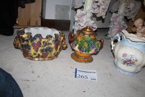 lot 265 image: Lot of (3) Grapes&Leaves Dcor Scalloped Edge Ceramic Table Vase, Grapes&Leaves Dcor Ceramic Jar with Lid, Floral Dcor Table Vase with Handles