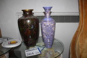 lot 264 image: Lot of (2) Purple with Gold Detail Table Vase, Dark Purple with Outline Detail Table Vase