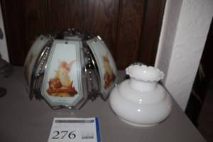 lot 276 image: Lot of (3) Lamp Shades - Milk White Glass, Stained Glass, Angel 6-Panel Metal Frame
