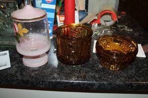 lot 271 image: Lot of (3) Brown Glass Candy Bowl, Brown Glass Table Dcor, Rose Flower Clear Glass Candleholder