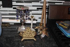 lot 273 image: Lot of (5) Silver Candleholder with Blue Beads, White Candleholder, SilverRed Candleholders, Letter Holder Table Dcor