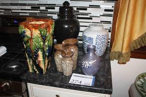 lot 274 image: Lot of (5) Decorative GreenYellowOrange Ceramic Vase, 3-Piece Brown with White Speckles Cascade Fountain Table Dcor, Blue Ceramic Flower Vase, White Ceramic Vase, Red Glass Urn