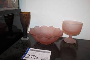 lot 275 image: Lot of (3) Peach Glass Flower Bowl, Peach Glass Candy Bowl, Brown Glass Vase