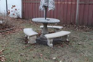 lot 281 image: Concrete Round Umbrella Patio Table with 3-Concrete Benches