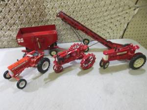 3 Diecast Tractors and 2 Trailers  ...