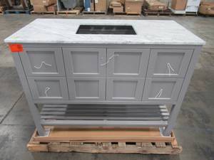 lot 300 image: Virtu USA Winterfell 48 in. W x 22 in. D Vanity in Grey with Marble Vanity Top in White with White Basin and Mirror ES-30048-WMSQ-GR
