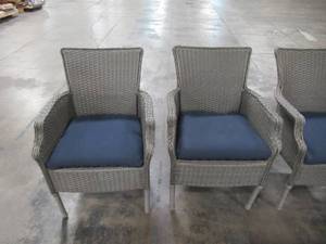 lot 324 image: Hampton Bay Grayson Set of 5 Ash Gray Wicker Outdoor Patio Dining Chairs with CushionGuard Steel Blue Cushions H075-01439700