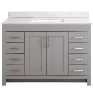 lot 100 image: Home Decorators Collection Westcourt 49 in. W x 22 in. D Bath Vanity in Sterling Gray with Stone Effect Vanity Top in Pulsar with White Sink, WT48P2V3-ST