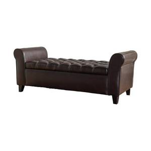 lot 110 image: Noble House Keiko Tufted Brown Leather Armed Storage Bench - Some scuffs, no tears found.