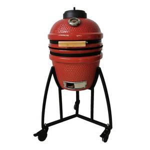lot 137 image: Lifesmart Kamado 133 sq. in. Cooking Surface Charcoal Grill and Smoker with Locking 3 Wheel Cart and Grill Cover in Red - Missing base stand - Slightly USED..