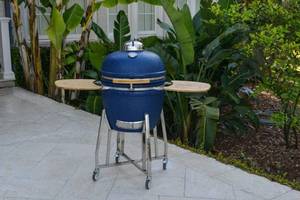 lot 138 image: Lifesmart 600 Square Inch Cooking Surface Kamado Ceramic Grill & Smoker Value Bundle Includes Electric Starter and Grill Cover in Blue, SCS-K22B - MISSING LEG CONNECTORS