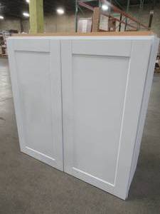 lot 109 image: Hampton Bay Shaker Assembled 36x36x12 in. Wall Kitchen Cabinet in Satin White - Cracked Back Wall.