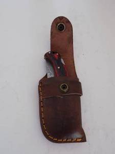 Damascus Steel Folding Lock Blade Knife With Leather Sheath