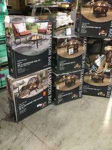 Pallet of 9 cases of outdoor firepit and chat tables CUSTOMER RETURNS SEE PICTURES