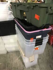 Assorted stage bins diferents styles and conditions some are have lids please review the photos