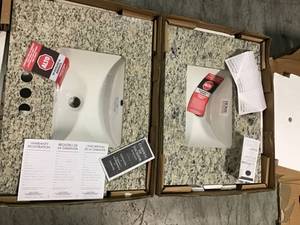 Lot of 2 CAHABA CAVT0210 25 in x 19 in Santa Cecilia Granite Vanity Top with trough bowl and 4 in faucet spread not Used