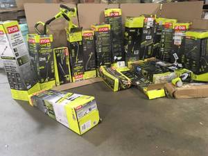 Pallet with assorted Ryobi Outdoor tools various models and conditions see pictures