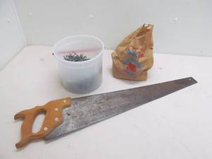 lot 240 image: Nails, Screws, hand saw