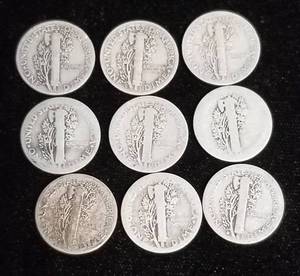 GROUP OF 9 MERCURY DIMES AS PICTURED