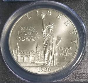 1986 US ELLIS ISLAND SILVER DOLLAR PCGS DONT TREAD ON ME HOLDER MS69