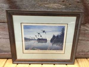 lot 30 image: Les Kouba Black Ducks Surveying Jasper Creek Signed and Low Numbered Framed Print