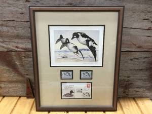 lot 103 image: Steen Axel Hansen 1995 First of Nation Denmark Duck Stamp Print Signed and Numbered, with Stamps, Framed