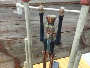 lot 26 image: Vintage Whimsical Acrobatic Uncle Sam Carved Wooden Figure