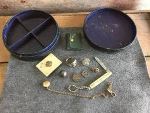 lot 234 image: Vintage Mens Keepsake Box Pins, Awards, Knife, Sterling Fraternal Order Ring