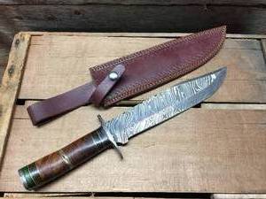 lot 236 image: Custom Bowie-Style Hunting Knife - Damascus Steel 9-12 Blade, WoodBrass Layered Handle, Leather Sheath. Nice