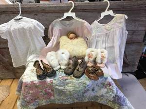 lot 244 image: Vintage Girls Dresses, Muff, Shoes, Slippers, Quilted Pillow Case