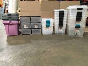 Pallet with assorted Storage bins some missing covers see pictures