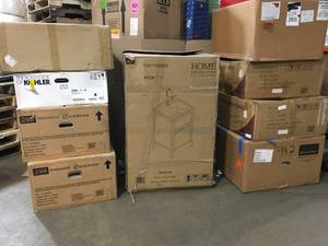 Pallet with assorted sinks and utility cabinet various models some never used great for resellers