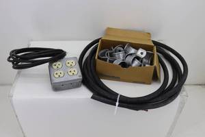 lot 51 image: 15 3wire #10 SO Cord. Outlet Box w Cord. Box of 1-12 EMT Straps