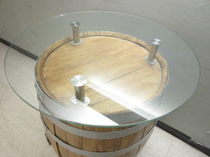 PUB-STYLE KEG TABLE, ON CASTERS, WITH GLASS TOP