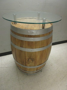PUB-STYLE KEG TABLE, ON CASTERS, WITH GLASS TOP