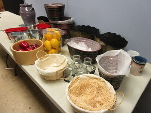 DECORATIVE BASKETS, PAILS, CERAMIC POT, GLASS JARS, FRUIT, MORE