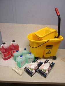 ECO-LAB SANITIZER, FOAMING HAND WASH, RUBBERMADE MOPUTILITY BUCKET, SERVICE GLOVES, FINGER COTS